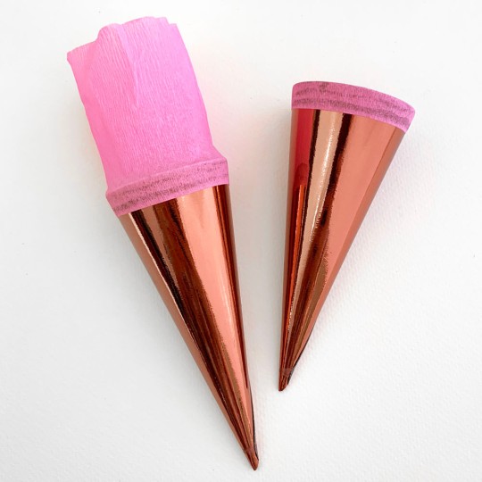 2 Metallic Paper & Crepe Cones from Germany ~ 4-3/4" ~ Pink Bronze Foil + Pink Crepe